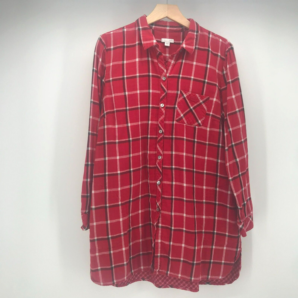 J. Jill Tunic Top Womens Large Red Black Button Front Pockets Long Sleeve Cotton